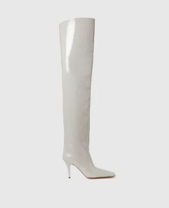 Bottes cuissardes à talons aiguilles et bout carré en cuir verni