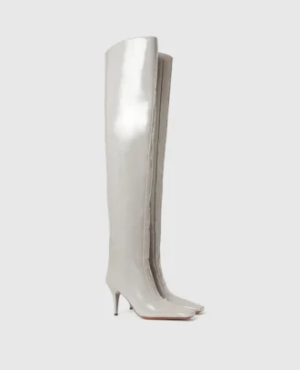 Bottes cuissardes à talons aiguilles et bout carré en cuir verni