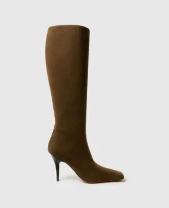 Bottes à talons aiguilles en daim à bout carré montant jusqu&rsquo;aux genoux