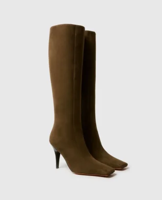 Bottes à talons aiguilles en daim à bout carré montant jusqu&rsquo;aux genoux