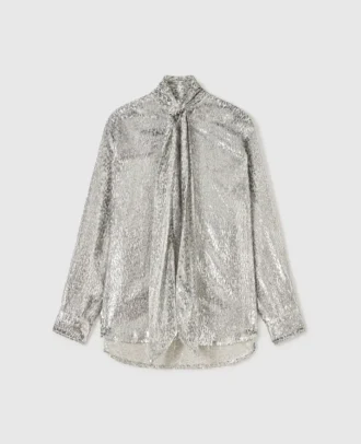 Chemise à col noué en velours métallisé