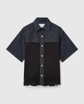 Chemise en denim à manches courtes et empiècements en satin
