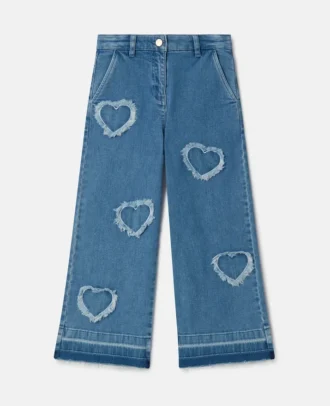 Jean en denim stretch avec patch cœur à franges
