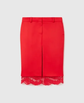 Jupe midi en satin bordée de dentelle