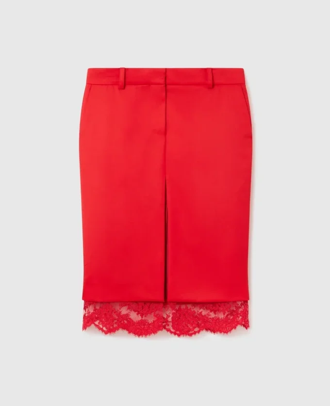 Jupe midi en satin bordée de dentelle Jupe midi en satin bordée de dentelle