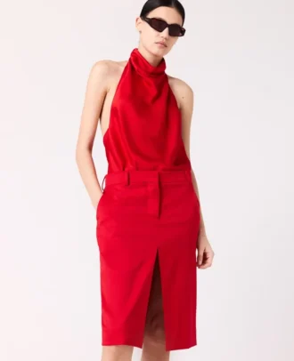 Jupe midi en satin bordée de dentelle