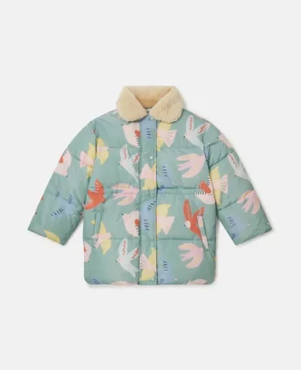 Manteau matelassé à col en peluche imprimé colombes