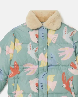 Manteau matelassé à col en peluche imprimé colombes