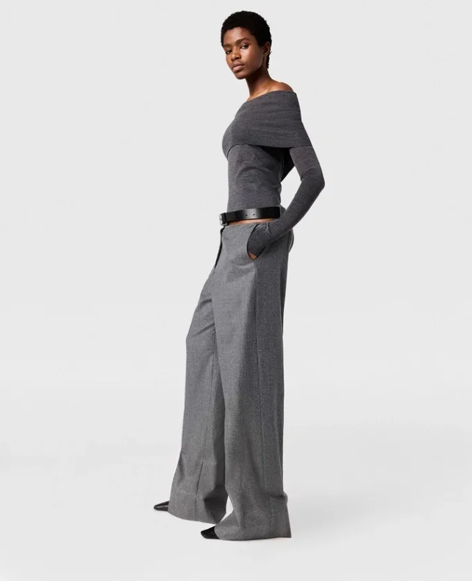 Pantalon droit en flanelle avec ceinture Pantalon droit en flanelle avec ceinture