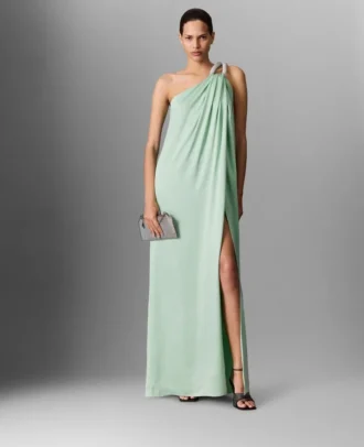 Robe longue asymétrique drapée à maillons en cristal sans plomb