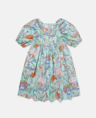 Robe à manches courtes plissée imprimé forêt