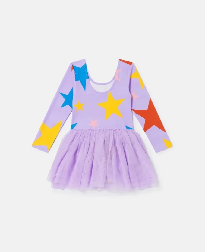 Robe à manches longues avec jupe en tulle imprimée d’étoiles Robe à manches longues avec jupe en tulle imprimée d’étoiles