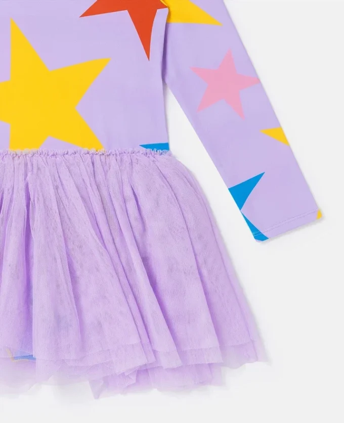 Robe à manches longues avec jupe en tulle imprimée d’étoiles Robe à manches longues avec jupe en tulle imprimée d’étoiles