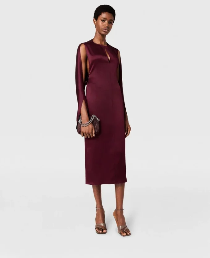 Robe midi en satin à manches cape et découpes