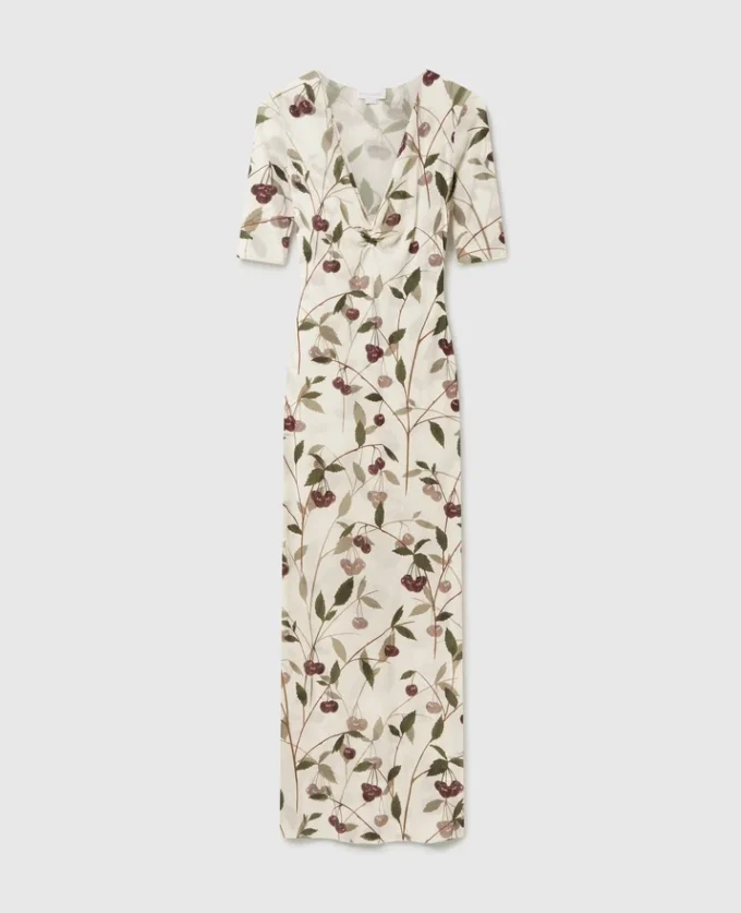Robe midi à manches courtes en maille imprimée cerises Robe midi à manches courtes en maille imprimée cerises