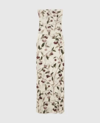 Robe midi sans bretelles en maille imprimée cerises