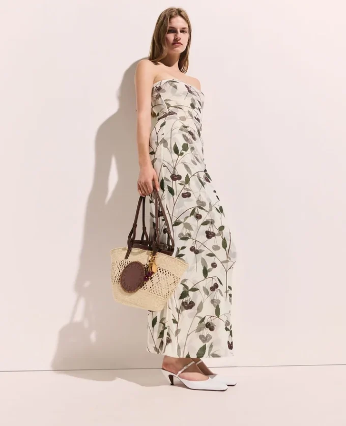 Robe midi sans bretelles en maille imprimée cerises Robe midi sans bretelles en maille imprimée cerises