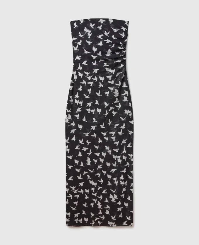 Robe midi sans bretelles en maille imprimée colombes Robe midi sans bretelles en maille imprimée colombes