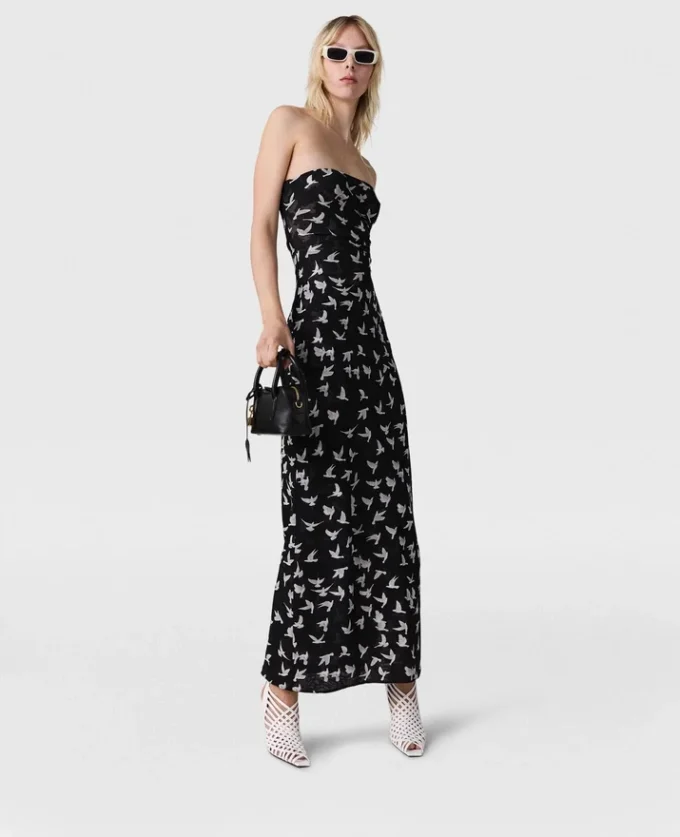 Robe midi sans bretelles en maille imprimée colombes Robe midi sans bretelles en maille imprimée colombes