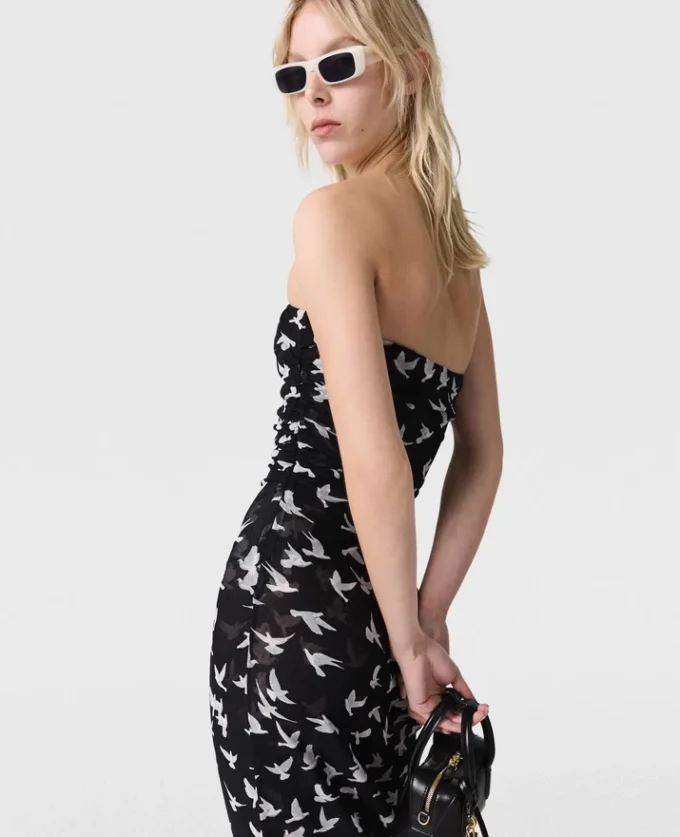 Robe midi sans bretelles en maille imprimée colombes Robe midi sans bretelles en maille imprimée colombes