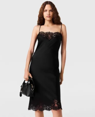Robe midi sans manches en satin et dentelle