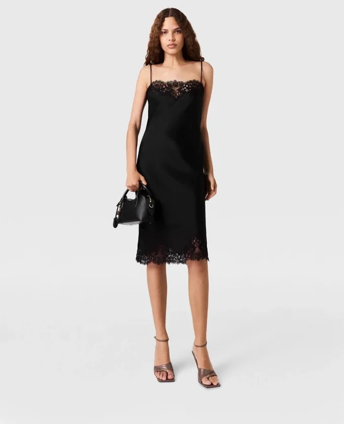 Robe midi sans manches en satin et dentelle Robe midi sans manches en satin et dentelle