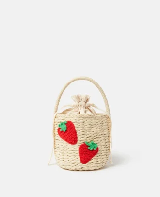 Sac fourre-tout en paille brodé de fraises