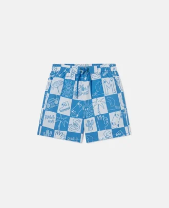 Short de bain à carreaux et lettrage de la marque