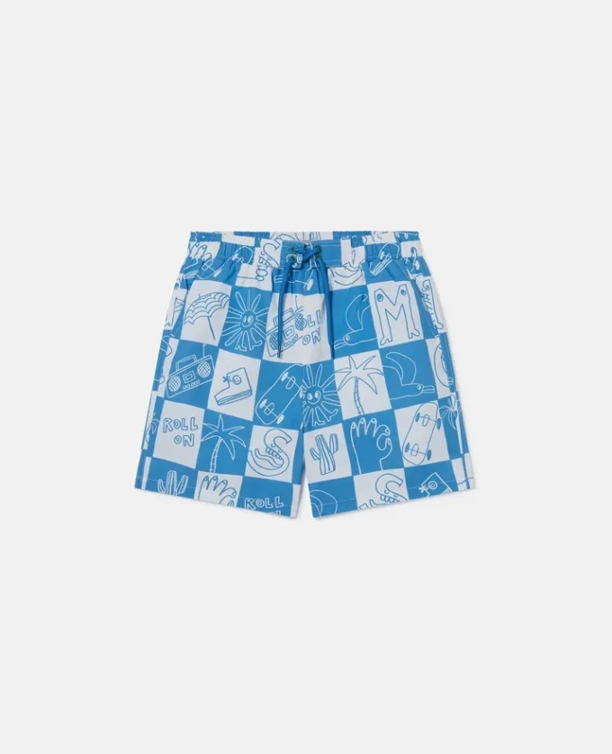 Short de bain à carreaux et lettrage de la marque