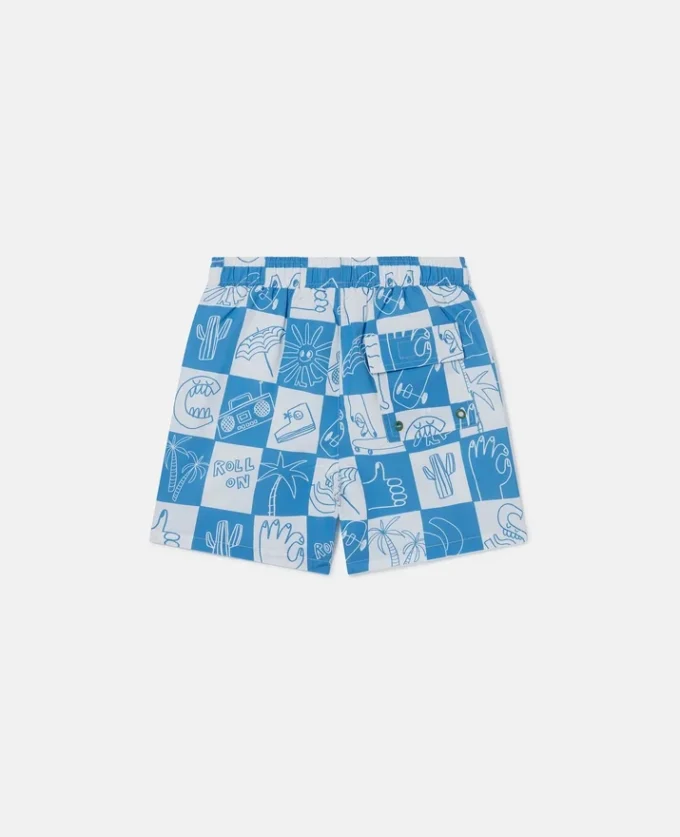 Short de bain à carreaux et lettrage de la marque