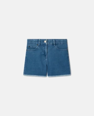 Short en denim stretch avec patch cœur à franges Short en denim stretch avec patch cœur à franges