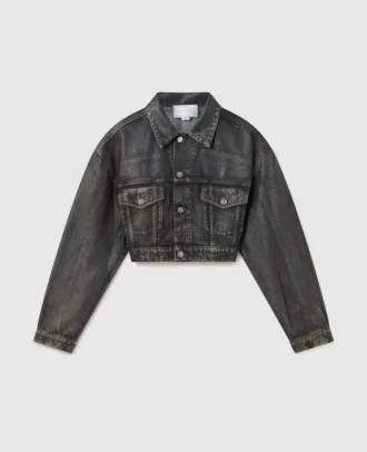 Veste en jean courte à empiècements vieillis